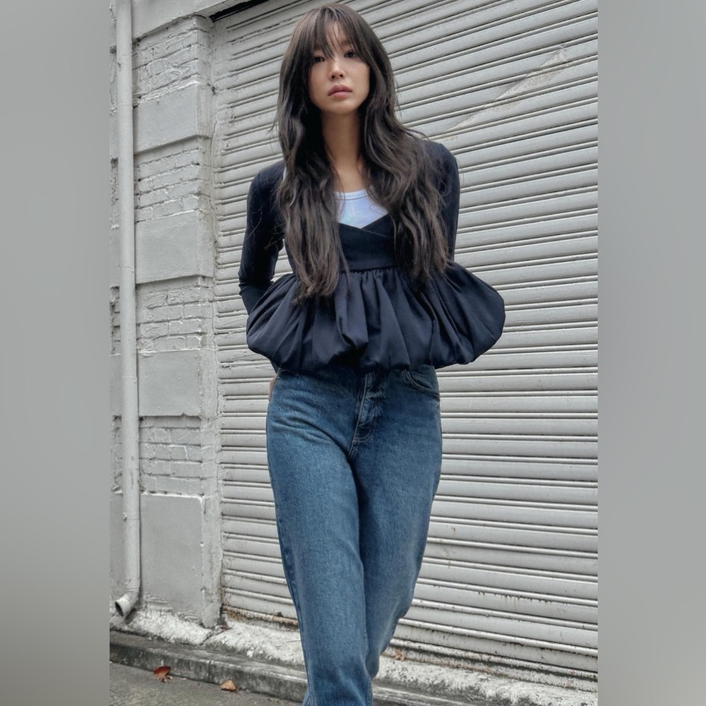 🩵 ZARA Navy Blue Voluminous Ruched Peplum Blouse